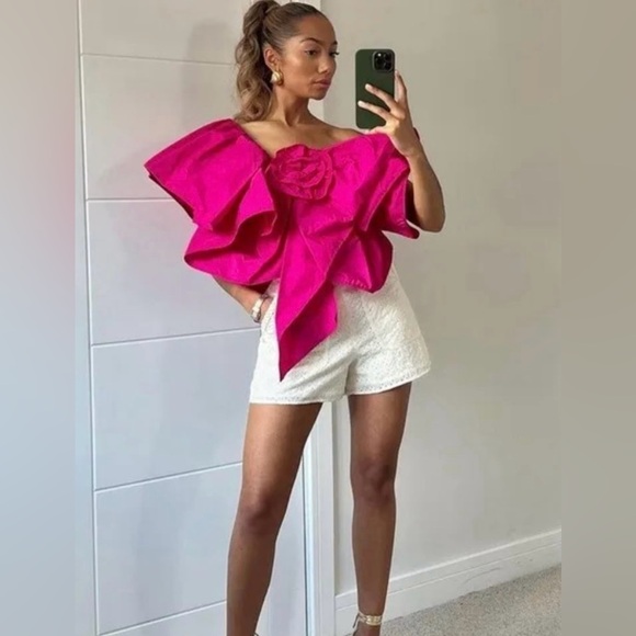 Zara Asymmetrical Pink Fushia One Shoulder Ruffle Top - Picture 1 of 7